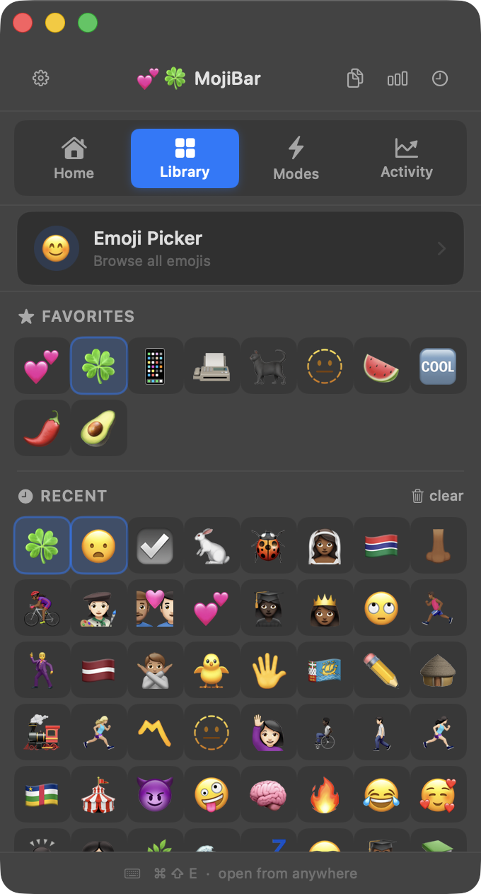 MojiBar Library Tab showing emoji categories